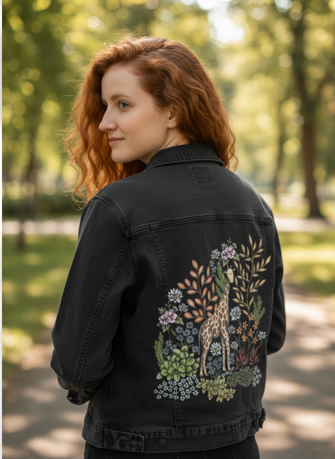 SAFARI GIRAFFE by CECILIA BATTAINI, digitally printed on DENIM products: throw pillows, aprons, table place mats, and hand-made Unisex Denim Jackets in 3 color choices