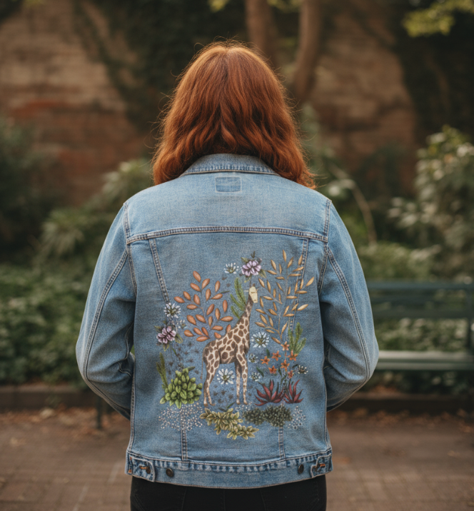 SAFARI GIRAFFE by CECILIA BATTAINI, digitally printed on DENIM products: throw pillows, aprons, table place mats, and hand-made Unisex Denim Jackets in 3 color choices