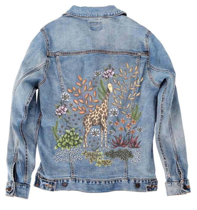 SAFARI GIRAFFE by CECILIA BATTAINI, digitally printed on DENIM products: throw pillows, aprons, table place mats, and hand-made Unisex Denim Jackets in 3 color choices