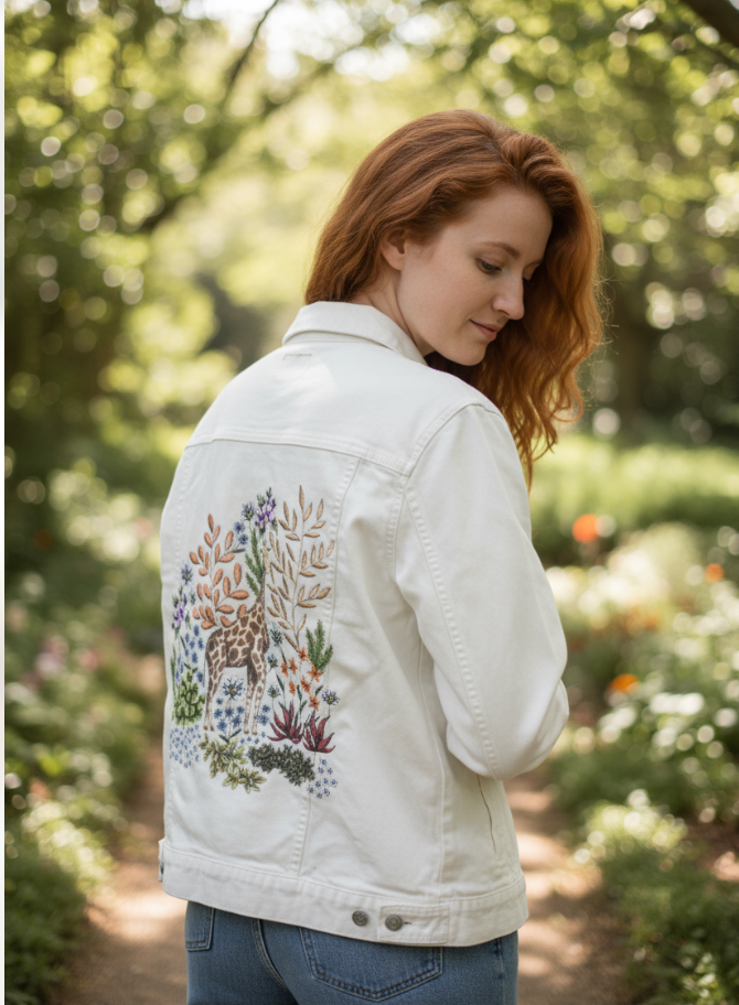 SAFARI GIRAFFE by CECILIA BATTAINI, digitally printed on DENIM products: throw pillows, aprons, table place mats, and hand-made Unisex Denim Jackets in 3 color choices