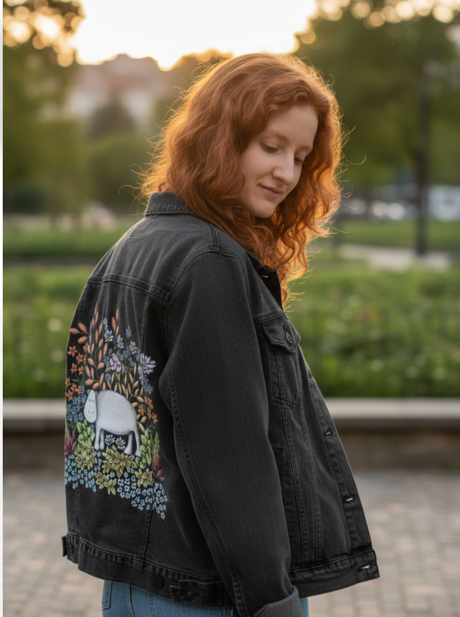 SAFARI HIPPO by CECILIA BATTAINI, digitally printed on DENIM products: throw pillows, aprons, table place mats, and hand-made Unisex Denim Jackets in 3 color choices