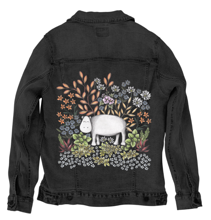 SAFARI HIPPO by CECILIA BATTAINI, digitally printed on DENIM products: throw pillows, aprons, table place mats, and hand-made Unisex Denim Jackets in 3 color choices