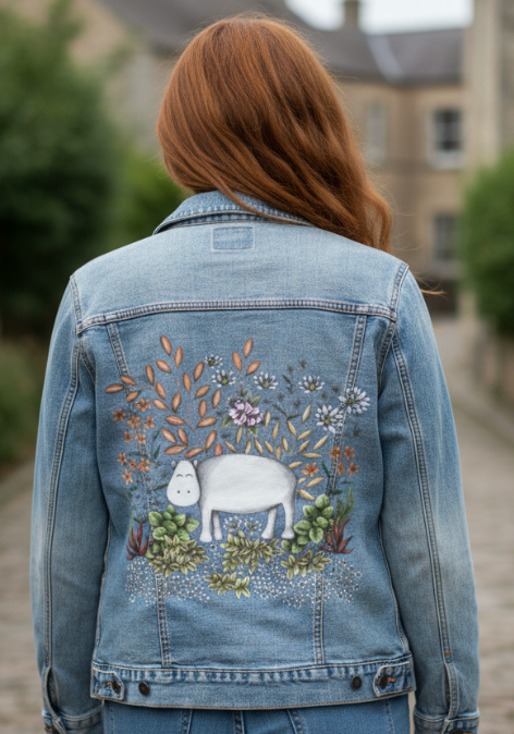 SAFARI HIPPO by CECILIA BATTAINI, digitally printed on DENIM products: throw pillows, aprons, table place mats, and hand-made Unisex Denim Jackets in 3 color choices