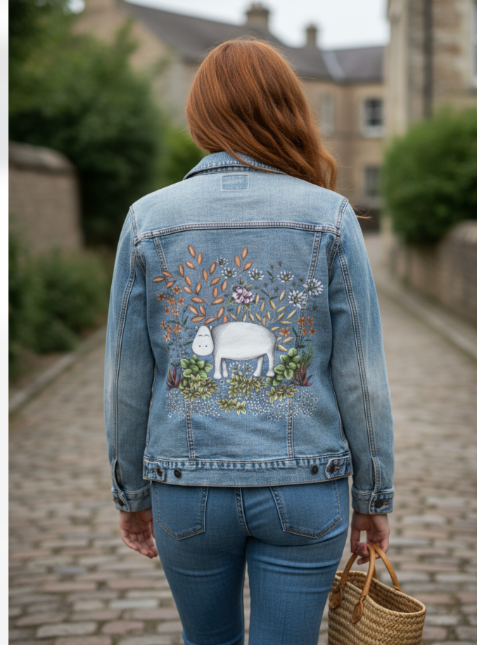 SAFARI HIPPO by CECILIA BATTAINI, digitally printed on DENIM products: throw pillows, aprons, table place mats, and hand-made Unisex Denim Jackets in 3 color choices