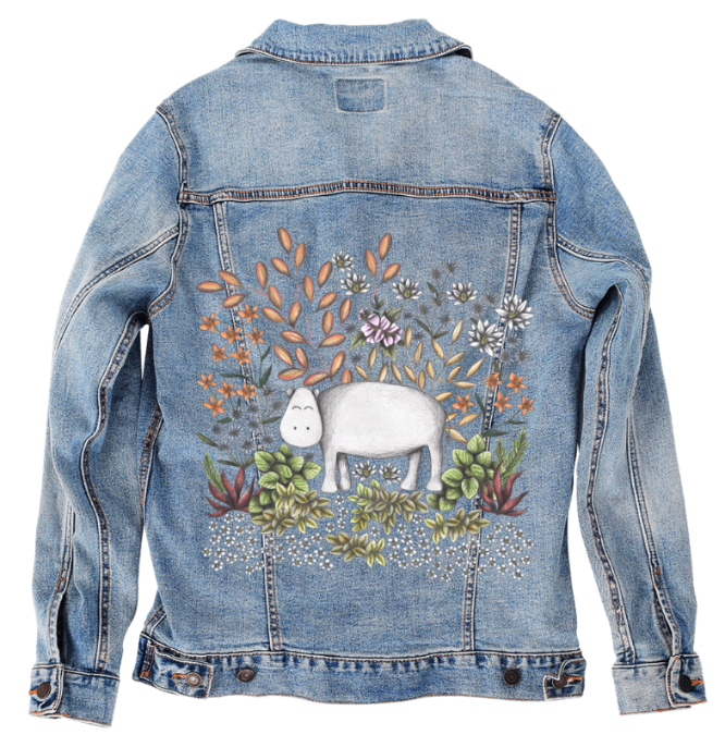 SAFARI HIPPO by CECILIA BATTAINI, digitally printed on DENIM products: throw pillows, aprons, table place mats, and hand-made Unisex Denim Jackets in 3 color choices