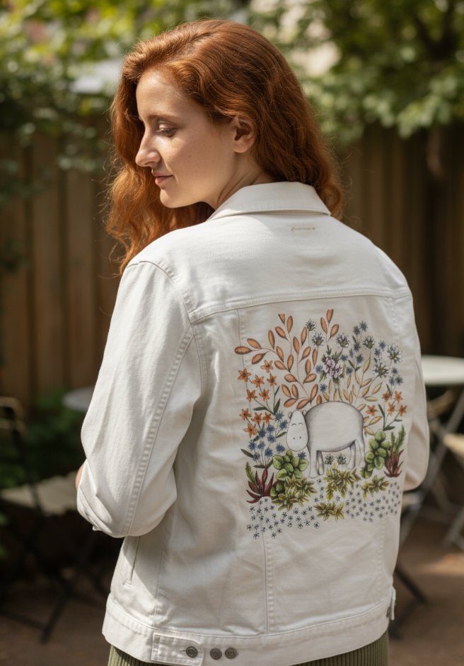 SAFARI HIPPO by CECILIA BATTAINI, digitally printed on DENIM products: throw pillows, aprons, table place mats, and hand-made Unisex Denim Jackets in 3 color choices