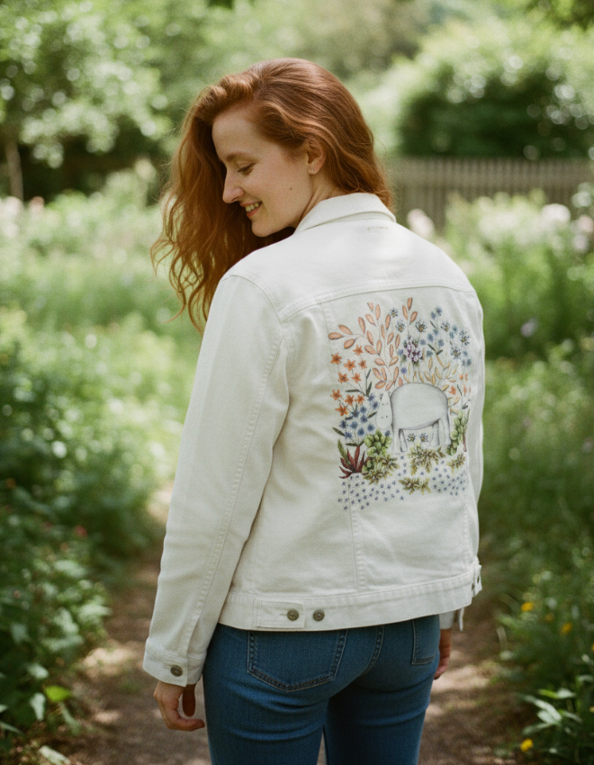 SAFARI HIPPO by CECILIA BATTAINI, digitally printed on DENIM products: throw pillows, aprons, table place mats, and hand-made Unisex Denim Jackets in 3 color choices