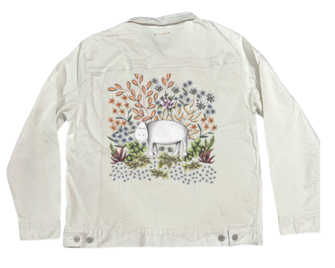 SAFARI HIPPO by CECILIA BATTAINI, digitally printed on DENIM products: throw pillows, aprons, table place mats, and hand-made Unisex Denim Jackets in 3 color choices