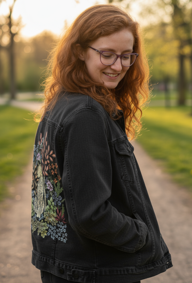 SAFARI LEOPARD by CECILIA BATTAINI, digitally printed on DENIM products: throw pillows, aprons, table place mats, and hand-made Unisex Denim Jackets in 3 color choices