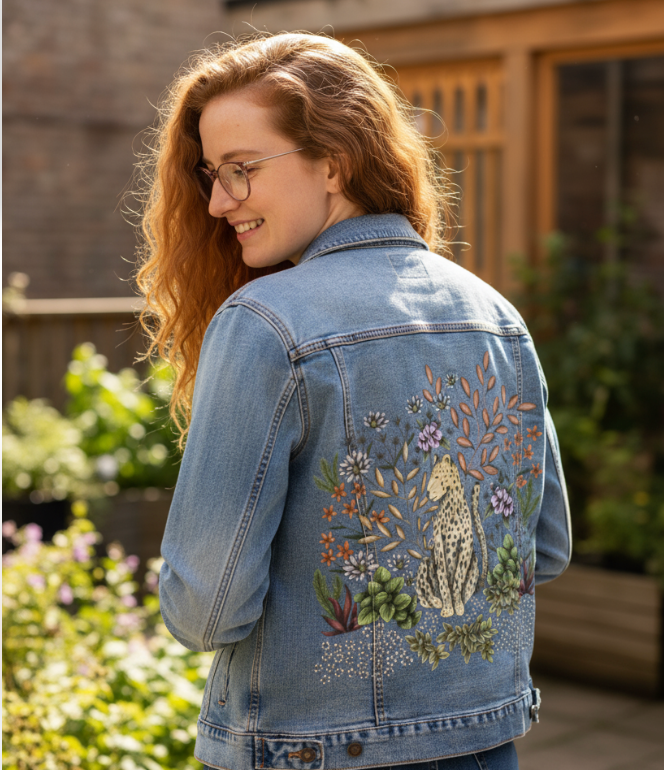 SAFARI LEOPARD by CECILIA BATTAINI, digitally printed on DENIM products: throw pillows, aprons, table place mats, and hand-made Unisex Denim Jackets in 3 color choices