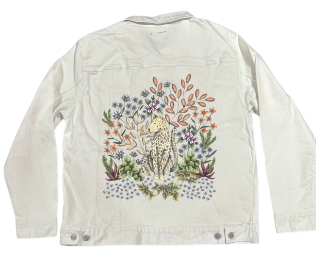 SAFARI LEOPARD by CECILIA BATTAINI, digitally printed on DENIM products: throw pillows, aprons, table place mats, and hand-made Unisex Denim Jackets in 3 color choices