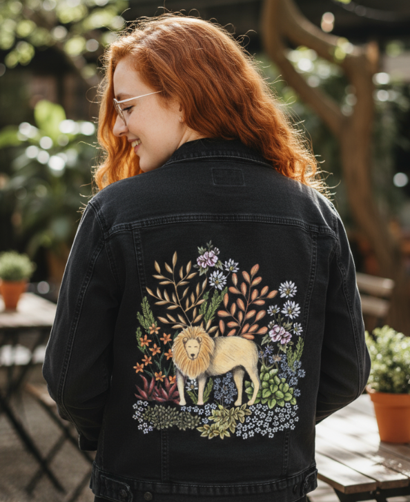 SAFARI LION by CECILIA BATTAINI, digitally printed on DENIM products: throw pillows, aprons, table place mats, and hand-made Unisex Denim Jackets in 3 color choices