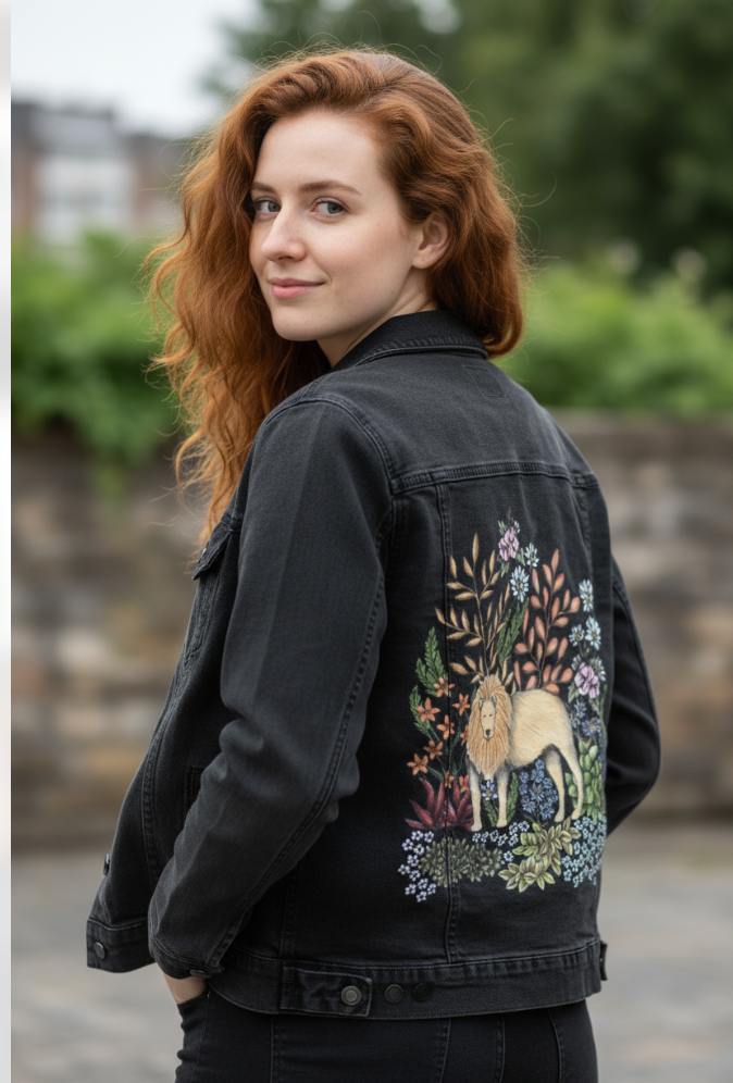 SAFARI LION by CECILIA BATTAINI, digitally printed on DENIM products: throw pillows, aprons, table place mats, and hand-made Unisex Denim Jackets in 3 color choices
