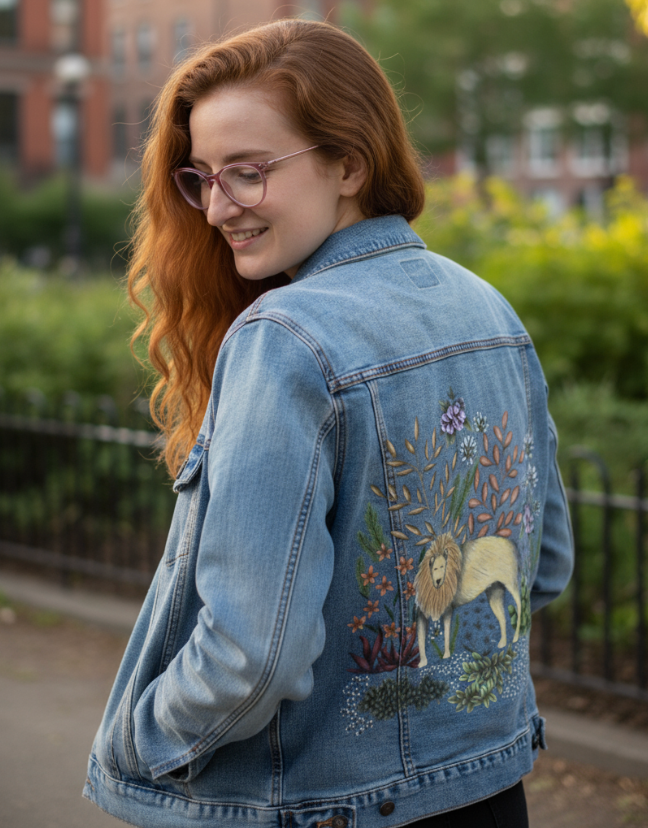 SAFARI LION by CECILIA BATTAINI, digitally printed on DENIM products: throw pillows, aprons, table place mats, and hand-made Unisex Denim Jackets in 3 color choices