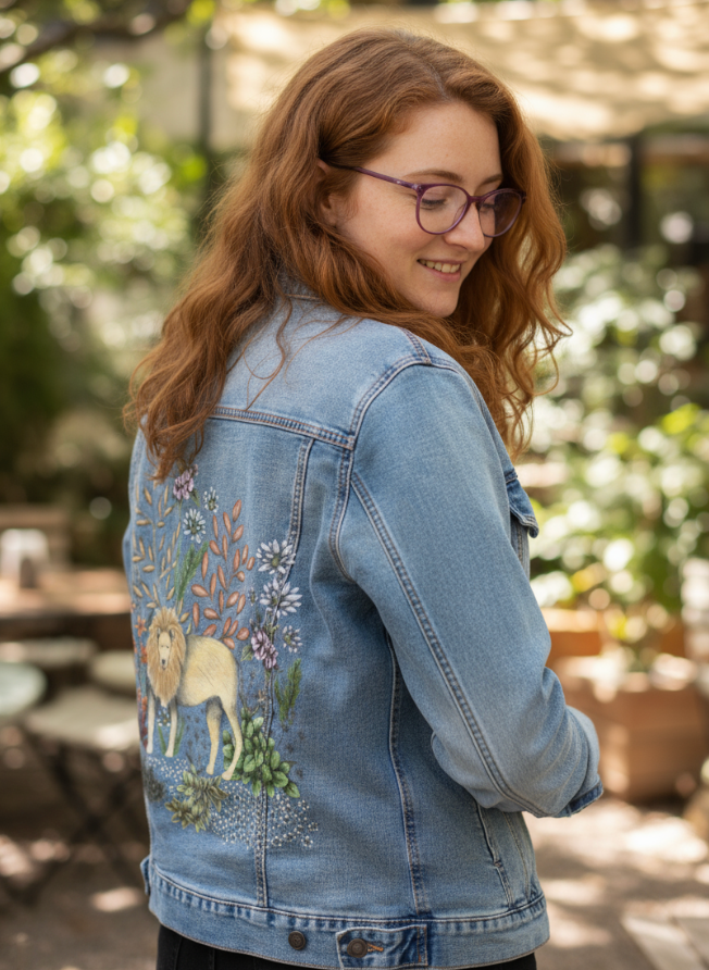 SAFARI LION by CECILIA BATTAINI, digitally printed on DENIM products: throw pillows, aprons, table place mats, and hand-made Unisex Denim Jackets in 3 color choices