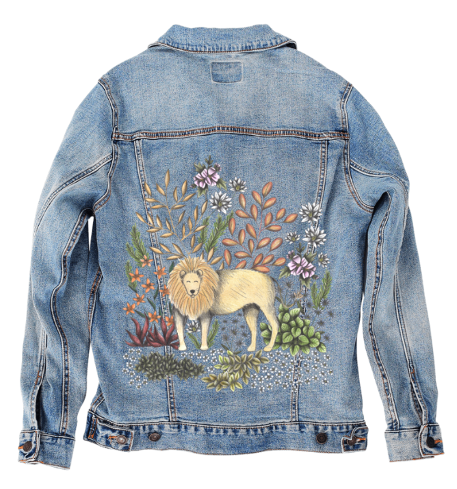 SAFARI LION by CECILIA BATTAINI, digitally printed on DENIM products: throw pillows, aprons, table place mats, and hand-made Unisex Denim Jackets in 3 color choices