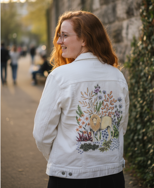 SAFARI LION by CECILIA BATTAINI, digitally printed on DENIM products: throw pillows, aprons, table place mats, and hand-made Unisex Denim Jackets in 3 color choices