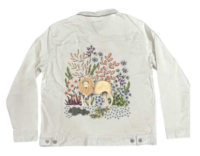 SAFARI LION by CECILIA BATTAINI, digitally printed on DENIM products: throw pillows, aprons, table place mats, and hand-made Unisex Denim Jackets in 3 color choices