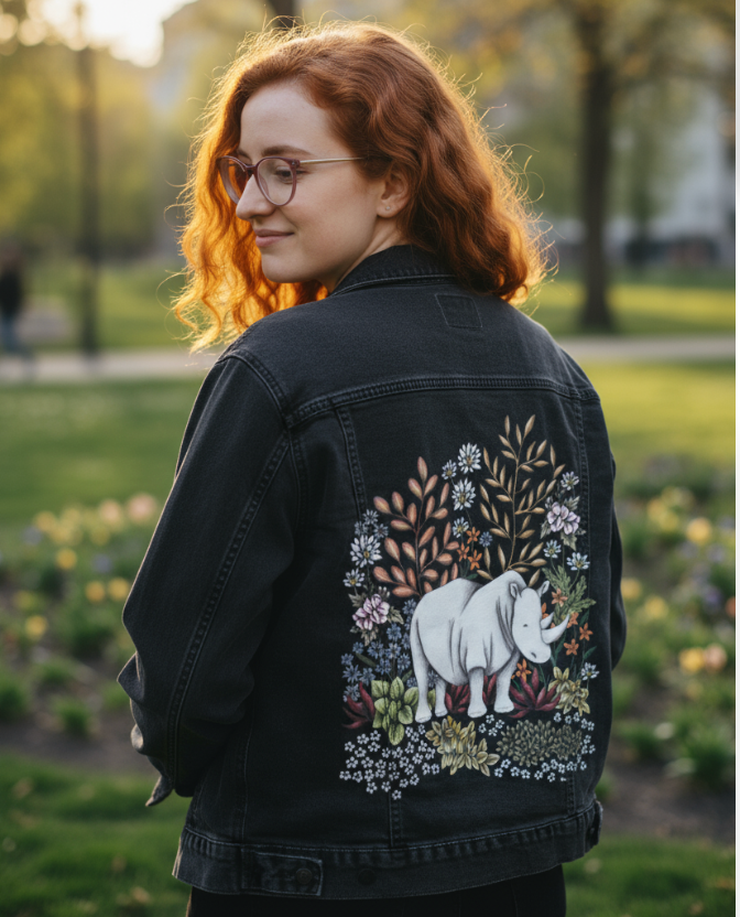 SAFARI RHINO by CECILIA BATTAINI, digitally printed on DENIM products: throw pillows, aprons, table place mats, and hand-made Unisex Denim Jackets in 3 color choices