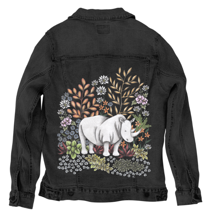 SAFARI RHINO by CECILIA BATTAINI, digitally printed on DENIM products: throw pillows, aprons, table place mats, and hand-made Unisex Denim Jackets in 3 color choices
