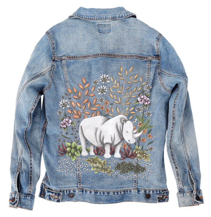 SAFARI RHINO by CECILIA BATTAINI, digitally printed on DENIM products: throw pillows, aprons, table place mats, and hand-made Unisex Denim Jackets in 3 color choices