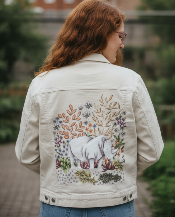 SAFARI RHINO by CECILIA BATTAINI, printed on a hand-made Unisex Denim Jacket