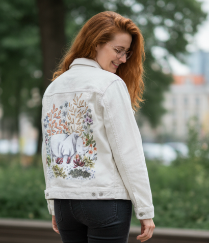 SAFARI RHINO by CECILIA BATTAINI, digitally printed on DENIM products: throw pillows, aprons, table place mats, and hand-made Unisex Denim Jackets in 3 color choices