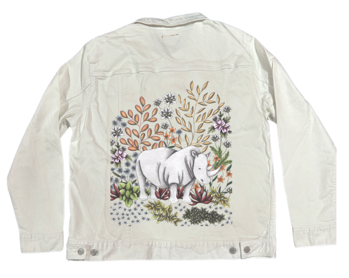 SAFARI RHINO by CECILIA BATTAINI, digitally printed on DENIM products: throw pillows, aprons, table place mats, and hand-made Unisex Denim Jackets in 3 color choices