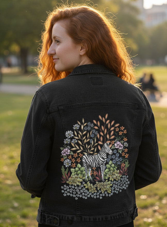 SAFARI ZEBRA by CECILIA BATTAINI, printed on a hand-made Unisex Denim Jacket