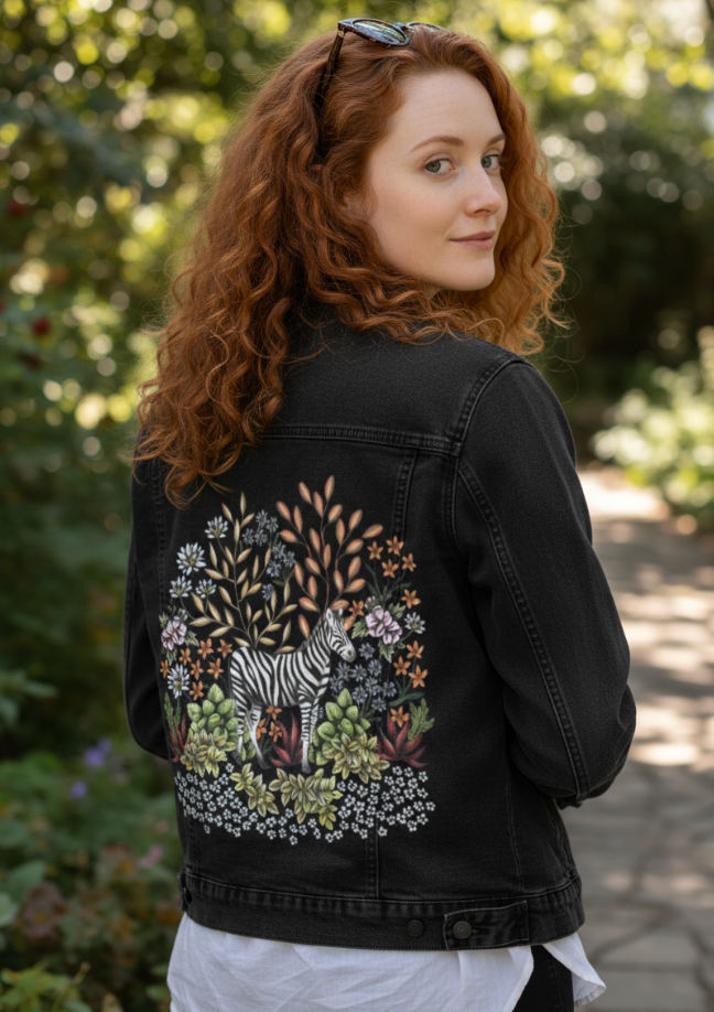 SAFARI ZEBRA by CECILIA BATTAINI, digitally printed on DENIM products: throw pillows, aprons, table place mats, and hand-made Unisex Denim Jackets in 3 color choices