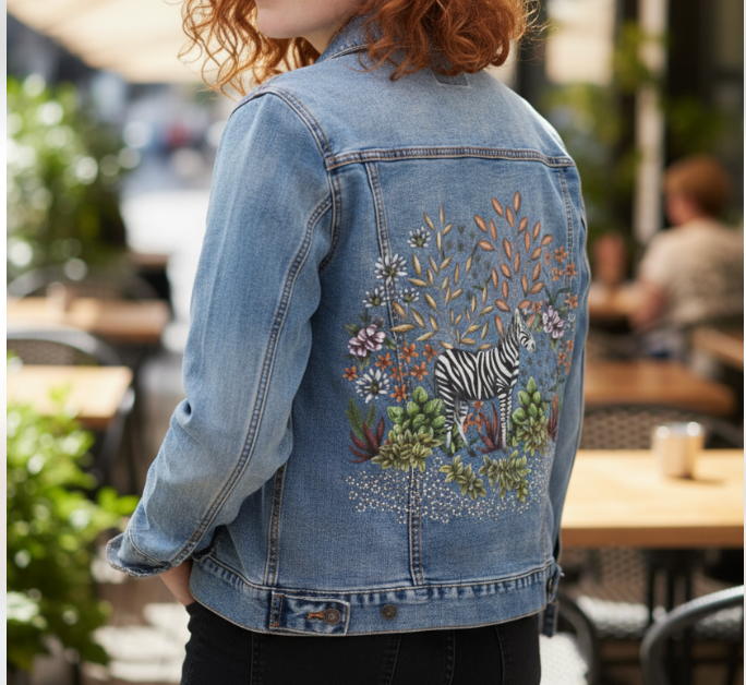 SAFARI ZEBRA by CECILIA BATTAINI, digitally printed on DENIM products: throw pillows, aprons, table place mats, and hand-made Unisex Denim Jackets in 3 color choices