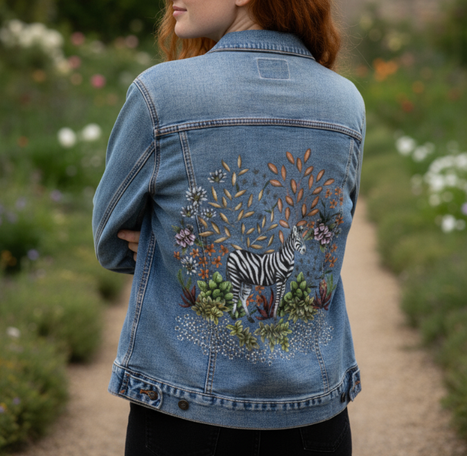 SAFARI ZEBRA by CECILIA BATTAINI, digitally printed on DENIM products: throw pillows, aprons, table place mats, and hand-made Unisex Denim Jackets in 3 color choices