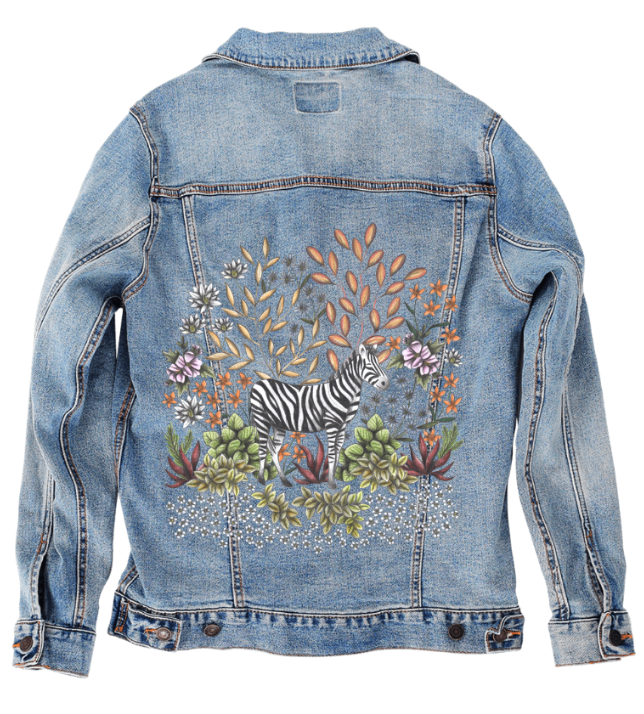 SAFARI ZEBRA by CECILIA BATTAINI, digitally printed on DENIM products: throw pillows, aprons, table place mats, and hand-made Unisex Denim Jackets in 3 color choices