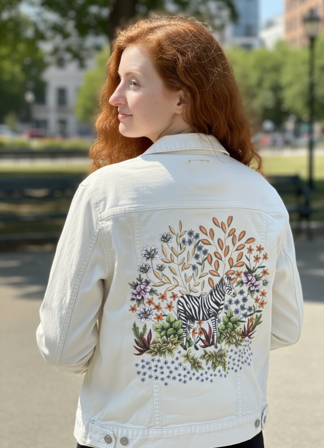 SAFARI ZEBRA by CECILIA BATTAINI, digitally printed on DENIM products: throw pillows, aprons, table place mats, and hand-made Unisex Denim Jackets in 3 color choices