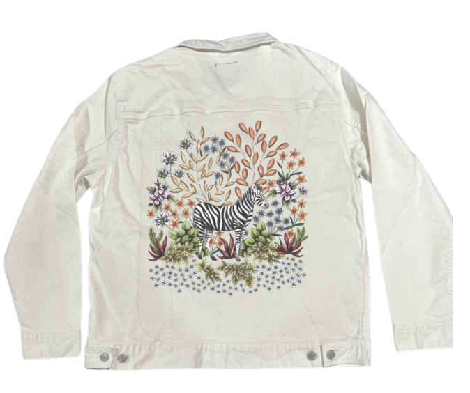 SAFARI ZEBRA by CECILIA BATTAINI, digitally printed on DENIM products: throw pillows, aprons, table place mats, and hand-made Unisex Denim Jackets in 3 color choices