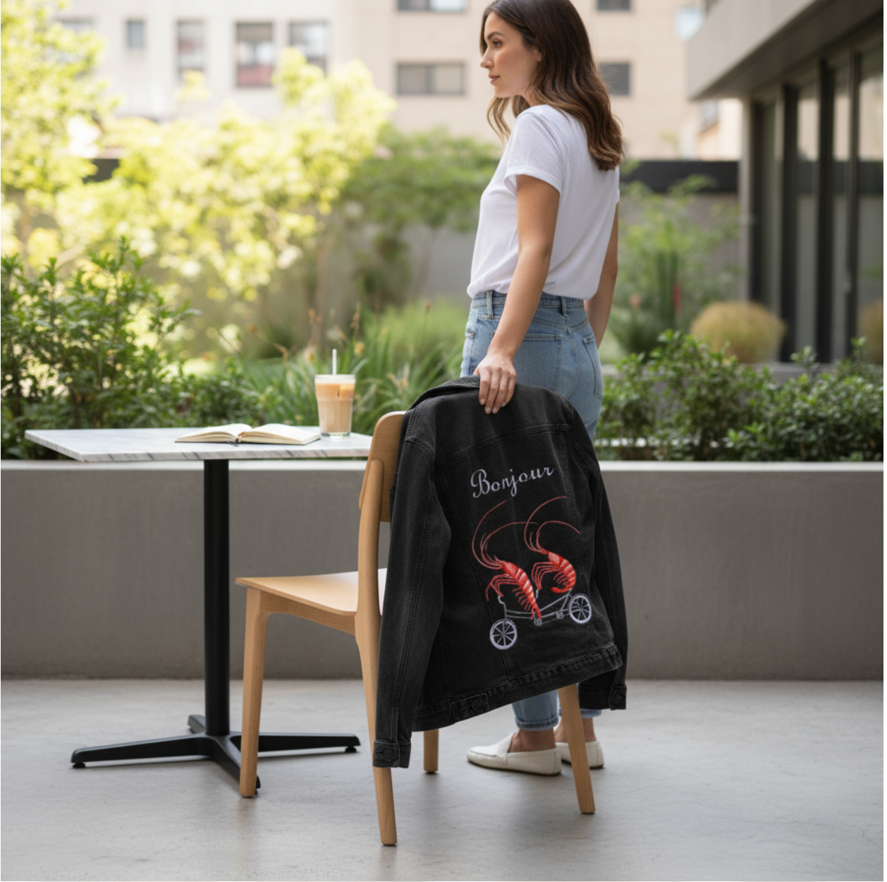 SHRIMP RIDING A BICYCLE by AMELIA LEGAULT, digitally printed on DENIM products: throw pillows, aprons, table place mats, and hand-made Unisex Denim Jackets in 3 color choices Internationally.