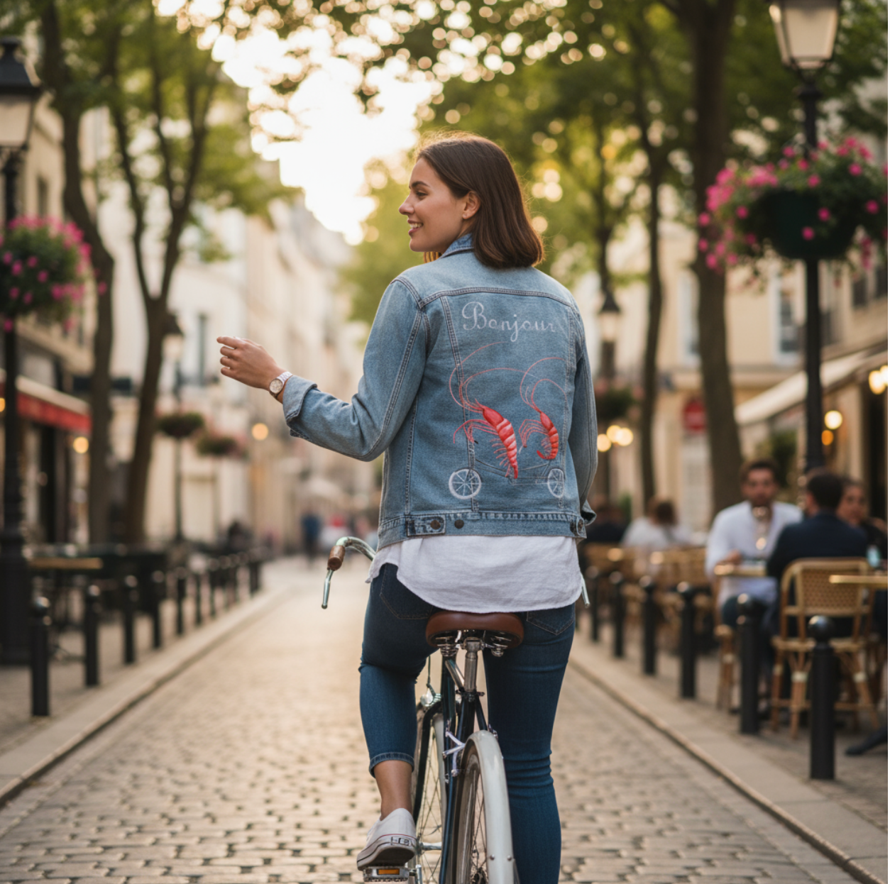 Woman riding a bicycle on a street with a decorative denim jacket of two shrimp riding a bicycle by Amelie Legault