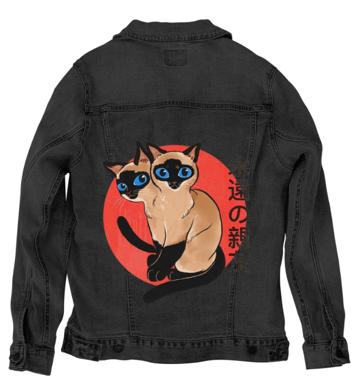 SIAMESE by PEPE RODRIGUEZ aka PPMID, digitally printed on DENIM products: throw pillows, aprons, table place mats, and hand-made Unisex Denim Jackets in 3 color choices