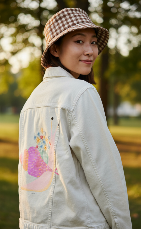 SNAIL MAIL by thearticsoul, digitally printed on DENIM products: throw pillows, aprons, table place mats, and hand-made Unisex Denim Jackets in 3 color choices