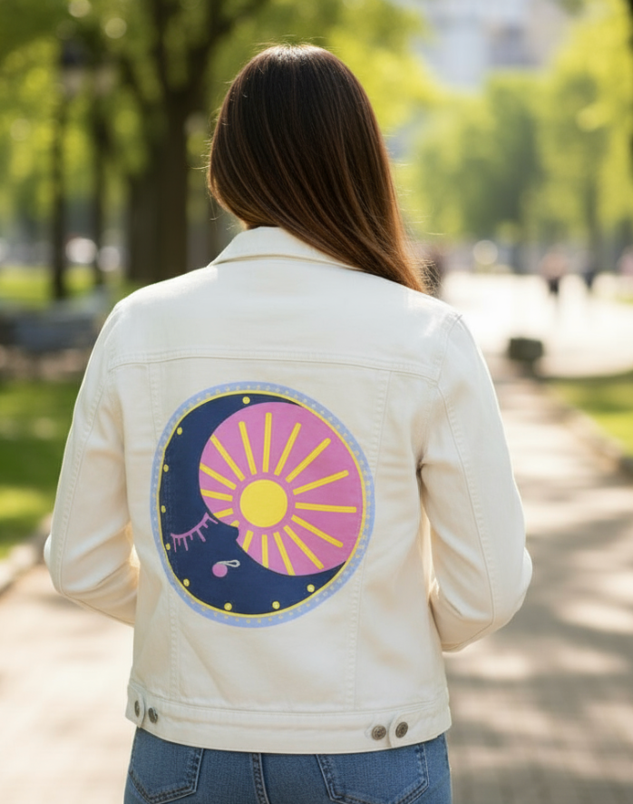 SOLUNA by HEND SHEHATA, digitally printed on DENIM products: throw pillows, aprons, table place mats, and hand-made Unisex Denim Jackets in 3 color choices