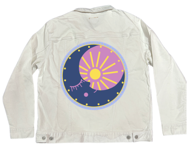 SOLUNA by HEND SHEHATA, digitally printed on DENIM products: throw pillows, aprons, table place mats, and hand-made Unisex Denim Jackets in 3 color choices