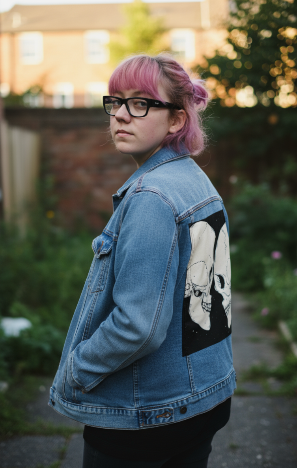 STAR CROSSED LOVERS by JESS ADAMS, digitally printed on DENIM products: throw pillows, aprons, table place mats, and hand-made Unisex Denim Jackets in 3 color choices