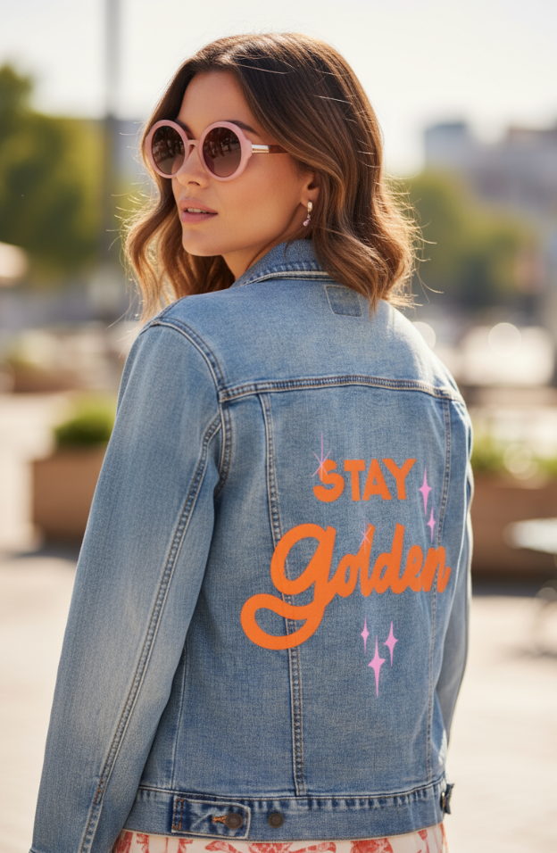 STAY GOLDEN by IndySign, digitally printed on DENIM products: throw pillows, aprons, table place mats, and hand-made Unisex Denim Jackets in 3 color choices