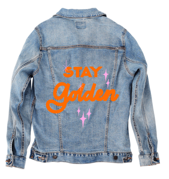 STAY GOLDEN by IndySign, digitally printed on DENIM products: throw pillows, aprons, table place mats, and hand-made Unisex Denim Jackets in 3 color choices