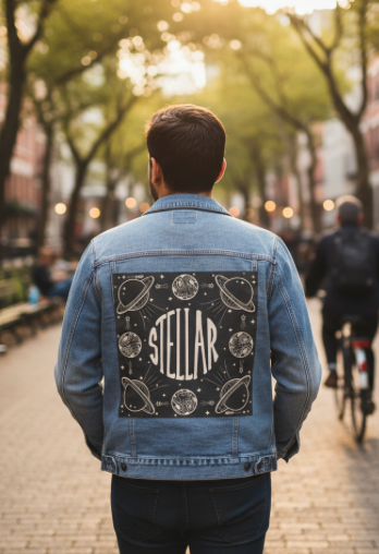 STELLAR by KITSCH AND CURATE, digitally printed on DENIM products: throw pillows, aprons, table place mats, and hand-made Unisex Denim Jackets in 3 color choices