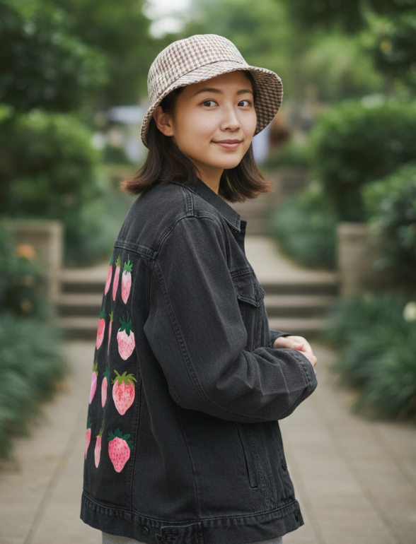 STRAWBERRY DREAMS by thearticsoul, digitally printed on DENIM products: throw pillows, aprons, table place mats, and hand-made Unisex Denim Jackets in 3 color choices