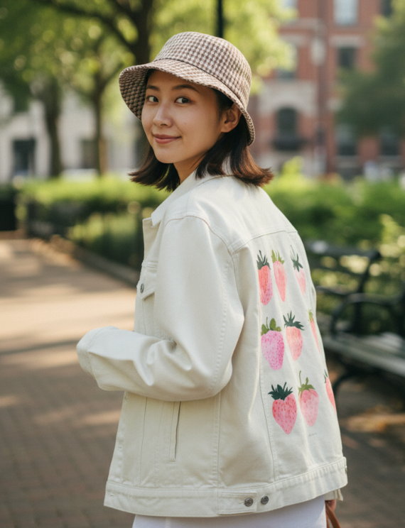 STRAWBERRY DREAMS by thearticsoul, digitally printed on DENIM products: throw pillows, aprons, table place mats, and hand-made Unisex Denim Jackets in 3 color choices