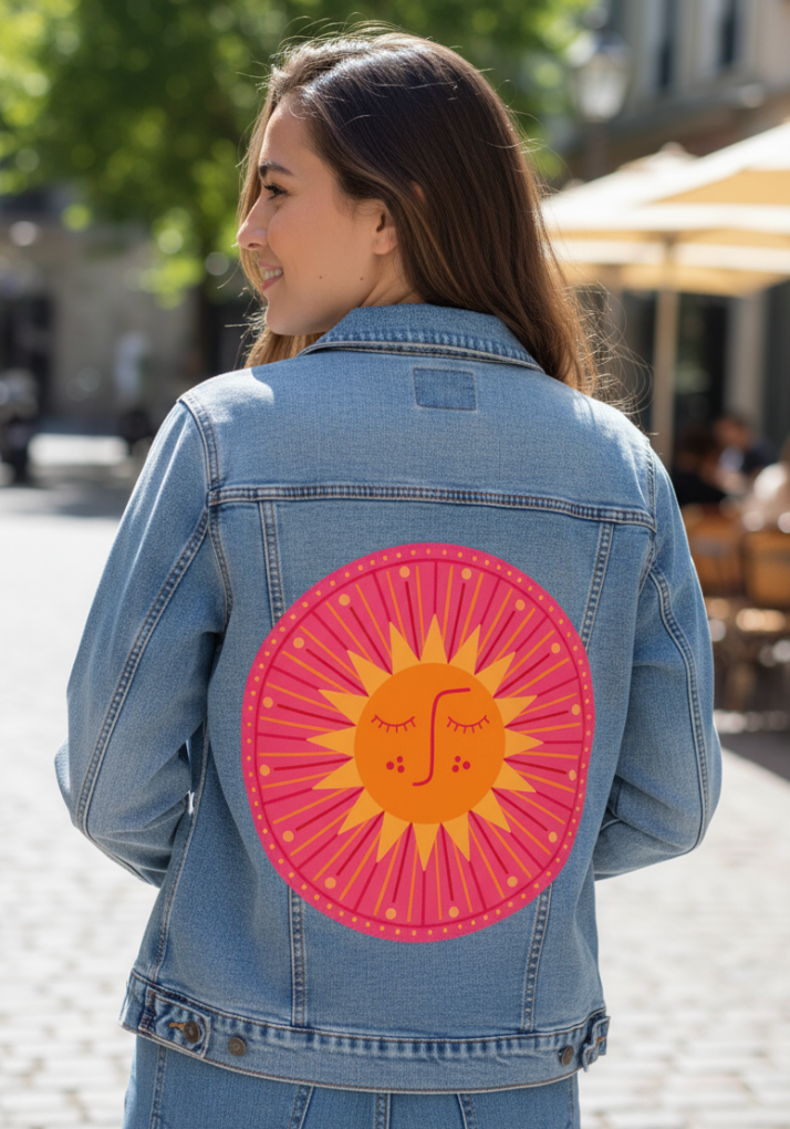 SUNBURST by HEND SHEHATA, digitally printed on DENIM products: throw pillows, aprons, table place mats, and hand-made Unisex Denim Jackets in 3 color choices
