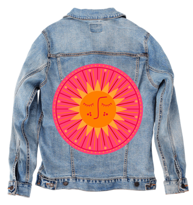SUNBURST by HEND SHEHATA, digitally printed on DENIM products: throw pillows, aprons, table place mats, and hand-made Unisex Denim Jackets in 3 color choices