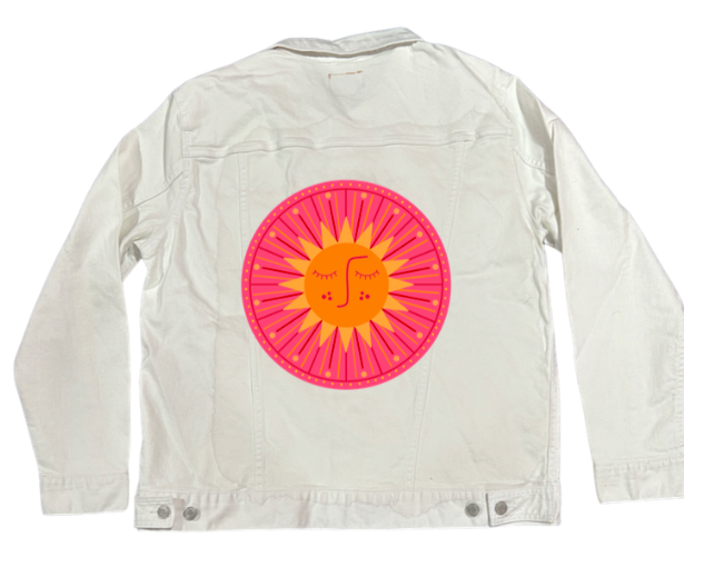 SUNBURST by HEND SHEHATA, digitally printed on DENIM products: throw pillows, aprons, table place mats, and hand-made Unisex Denim Jackets in 3 color choices